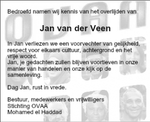 160322 overlijdensadvertentie Jan van der Veen